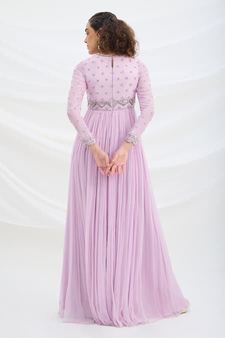 Shop Mirroir Lilac Chiffon, Viscose Sequins Split V-neck Purple Designer Maxi Dress at Aza Fashions Shop_Mirroir_Lilac Chiffon, Viscose Sequins Split V-neck Purple Designer Maxi Dress _at_Aza_Fashions