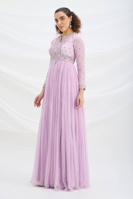 Buy Mirroir Lilac Chiffon, Viscose Sequins Split V-neck Purple Designer Maxi Dress Online at Aza Fashions Buy_Mirroir_Lilac Chiffon, Viscose Sequins Split V-neck Purple Designer Maxi Dress _Online_at_Aza_Fashions