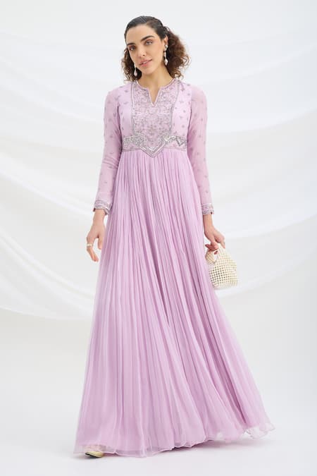 Shop Mirroir Lilac Chiffon, Viscose Sequins Split V-neck Purple Designer Maxi Dress Online at Aza Fashions Shop_Mirroir_Lilac Chiffon, Viscose Sequins Split V-neck Purple Designer Maxi Dress _Online_at_Aza_Fashions