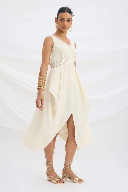 Mirroir Beige Viscose Beads V-neck Draped Midi Dress Online at Aza Fashions Mirroir_Beige Viscose Beads V-neck Draped Midi Dress _Online_at_Aza_Fashions