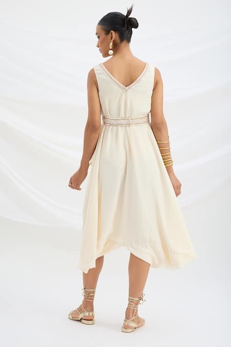 Shop Mirroir Beige Viscose Beads V-neck Draped Midi Dress at Aza Fashions Shop_Mirroir_Beige Viscose Beads V-neck Draped Midi Dress _at_Aza_Fashions