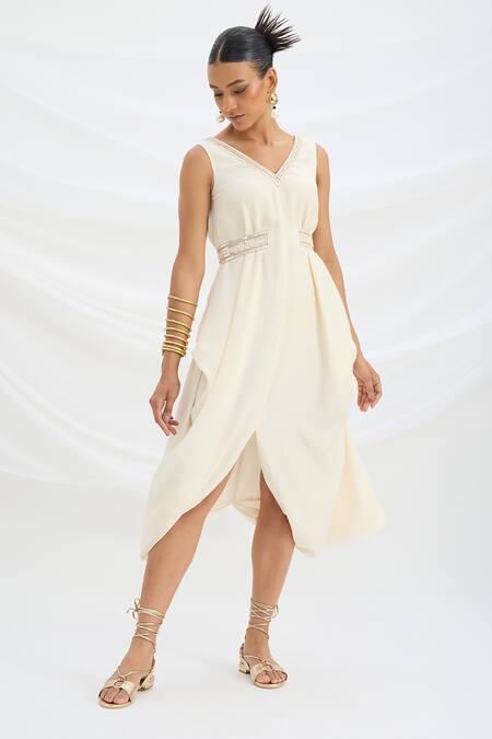 Buy Mirroir Beige Viscose Beads V-neck Draped Midi Dress Online at Aza Fashions Buy_Mirroir_Beige Viscose Beads V-neck Draped Midi Dress _Online_at_Aza_Fashions