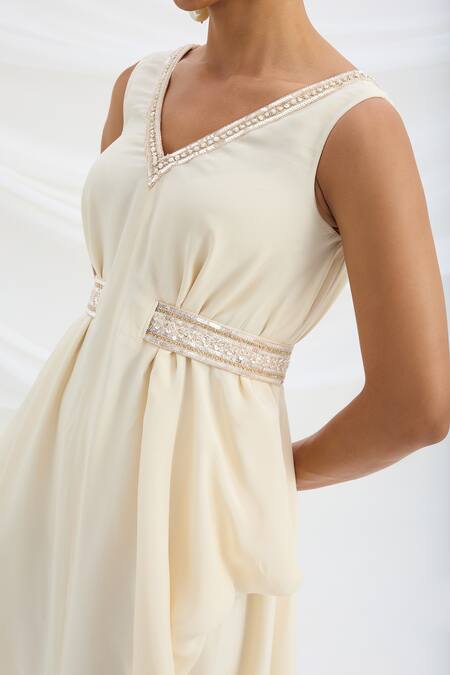 Shop Mirroir Beige Viscose Beads V-neck Draped Midi Dress Online at Aza Fashions Shop_Mirroir_Beige Viscose Beads V-neck Draped Midi Dress _Online_at_Aza_Fashions