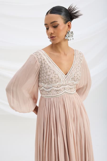 Mirroir_Pink Chiffon, Viscose Embroidery V-neck Light Maxi Dress _Online_at_Aza_Fashions