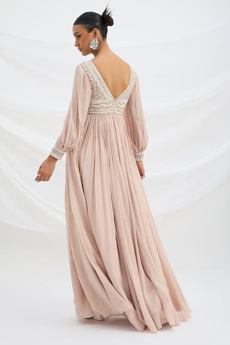 Shop_Mirroir_Pink Chiffon, Viscose Embroidery V-neck Light Maxi Dress _at_Aza_Fashions