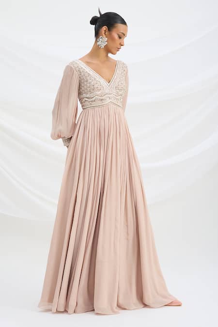 Buy_Mirroir_Pink Chiffon, Viscose Embroidery V-neck Light Maxi Dress _Online_at_Aza_Fashions