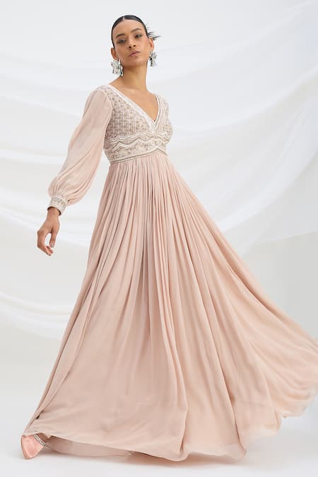 Shop_Mirroir_Pink Chiffon, Viscose Embroidery V-neck Light Maxi Dress _Online_at_Aza_Fashions
