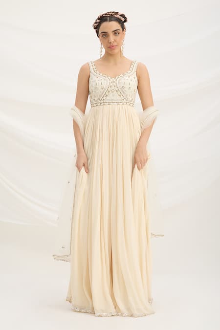 Mirroir Beige Chiffon Embellished Maxi Dress Set 
