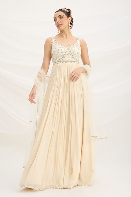 Mirroir Beige Chiffon, Viscose, Net Sequins, Embroidery, Embellished Maxi Dress Set at Aza Fashions Mirroir_Beige Chiffon, Viscose, Net Sequins, Embroidery, Embellished Maxi Dress Set _at_Aza_Fashions