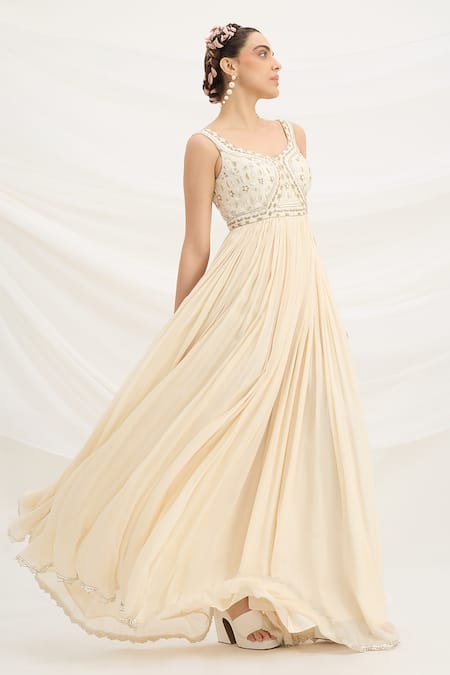 Shop Mirroir Beige Chiffon, Viscose, Net Sequins, Embroidery, Embellished Maxi Dress Set Shop_Mirroir_Beige Chiffon, Viscose, Net Sequins, Embroidery, Embellished Maxi Dress Set