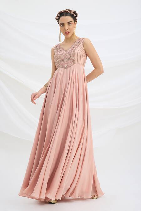 Mirroir Peach Viscose, Crepe, Net Embroidery, Beads V-neck Pink Maxi Dress Online at Aza Fashions Mirroir_Peach Viscose, Crepe, Net Embroidery, Beads V-neck Pink Maxi Dress _Online_at_Aza_Fashions