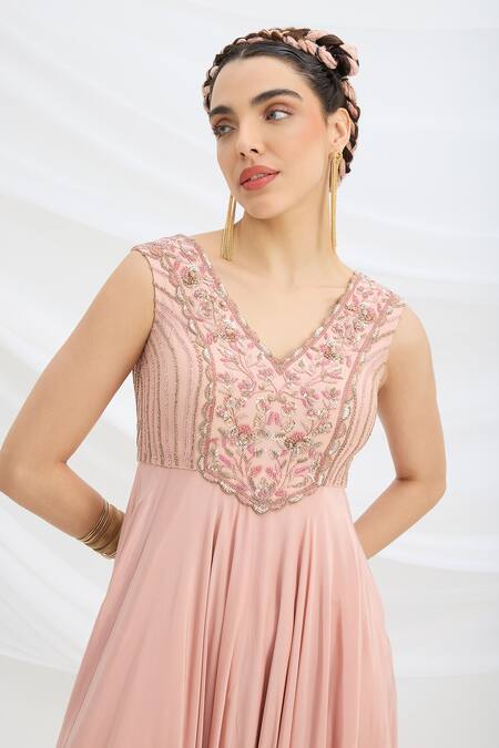 Buy Mirroir Peach Viscose, Crepe, Net Embroidery, Beads V-neck Pink Maxi Dress Online at Aza Fashions Buy_Mirroir_Peach Viscose, Crepe, Net Embroidery, Beads V-neck Pink Maxi Dress _Online_at_Aza_Fashions