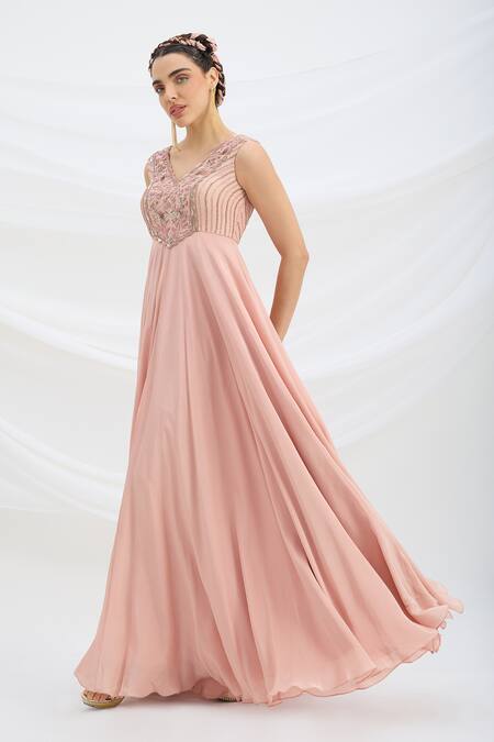 Shop Mirroir Peach Viscose, Crepe, Net Embroidery, Beads V-neck Pink Maxi Dress Online at Aza Fashions Shop_Mirroir_Peach Viscose, Crepe, Net Embroidery, Beads V-neck Pink Maxi Dress _Online_at_Aza_Fashions