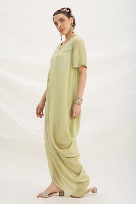 Mirroir Green Viscose V-neck Pista Draped Dress Online at Aza Fashions Mirroir_Green Viscose V-neck Pista Draped Dress _Online_at_Aza_Fashions