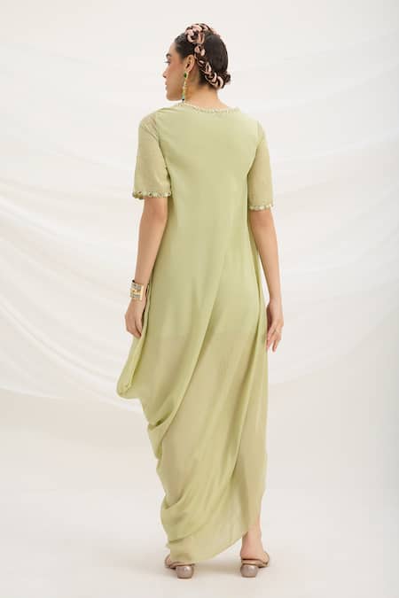 Shop Mirroir Green Viscose V-neck Pista Draped Dress at Aza Fashions Shop_Mirroir_Green Viscose V-neck Pista Draped Dress _at_Aza_Fashions