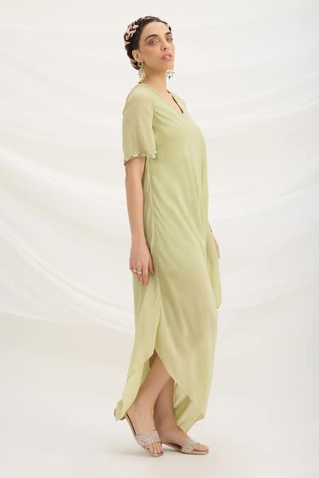 Buy Mirroir Green Viscose V-neck Pista Draped Dress Online at Aza Fashions Buy_Mirroir_Green Viscose V-neck Pista Draped Dress _Online_at_Aza_Fashions
