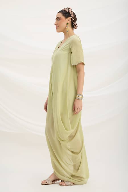 Shop Mirroir Green Viscose V-neck Pista Draped Dress Online at Aza Fashions Shop_Mirroir_Green Viscose V-neck Pista Draped Dress _Online_at_Aza_Fashions