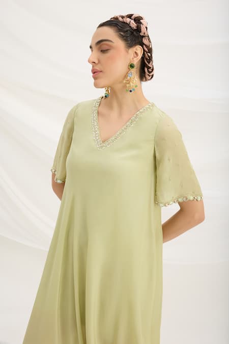 Mirroir Green Viscose V-neck Pista Draped Dress at Aza Fashions Mirroir_Green Viscose V-neck Pista Draped Dress _at_Aza_Fashions