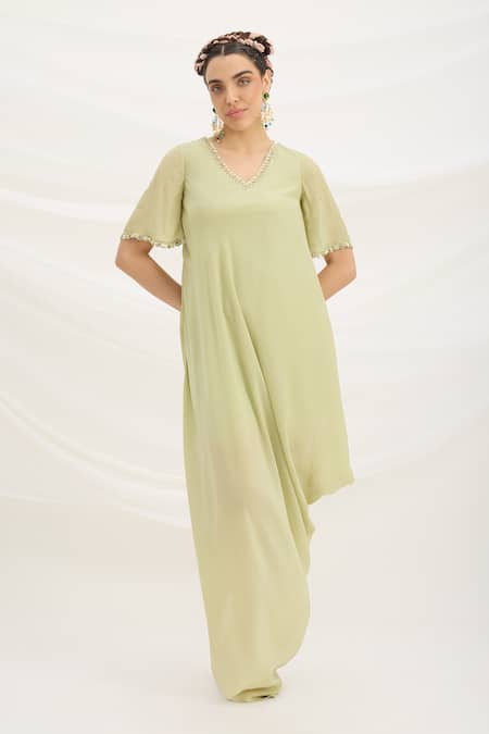 Buy Mirroir Green Viscose V-neck Pista Draped Dress Buy_Mirroir_Green Viscose V-neck Pista Draped Dress