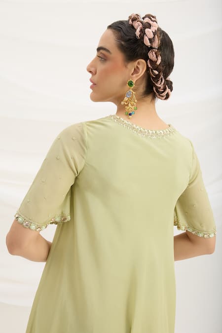 Shop Mirroir Green Viscose V-neck Pista Draped Dress Shop_Mirroir_Green Viscose V-neck Pista Draped Dress