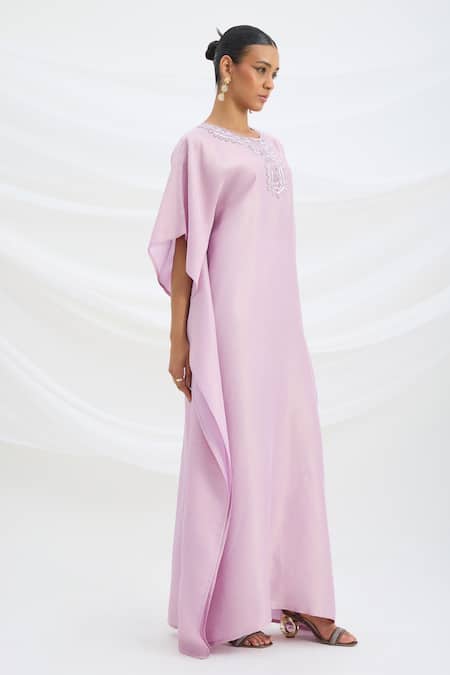 Mirroir Lilac Satin Beads Round Neck Purple Kaftan And Pant Set Online at Aza Fashions Mirroir_Lilac Satin Beads Round Neck Purple Kaftan And Pant Set _Online_at_Aza_Fashions