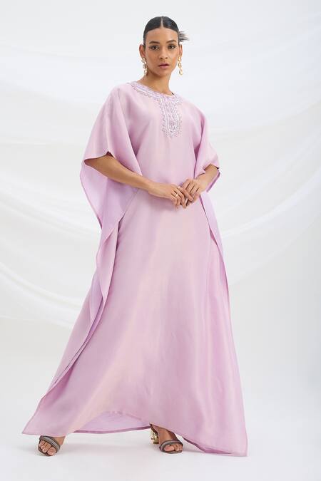 Buy Mirroir Lilac Satin Beads Round Neck Purple Kaftan And Pant Set Online at Aza Fashions Buy_Mirroir_Lilac Satin Beads Round Neck Purple Kaftan And Pant Set _Online_at_Aza_Fashions