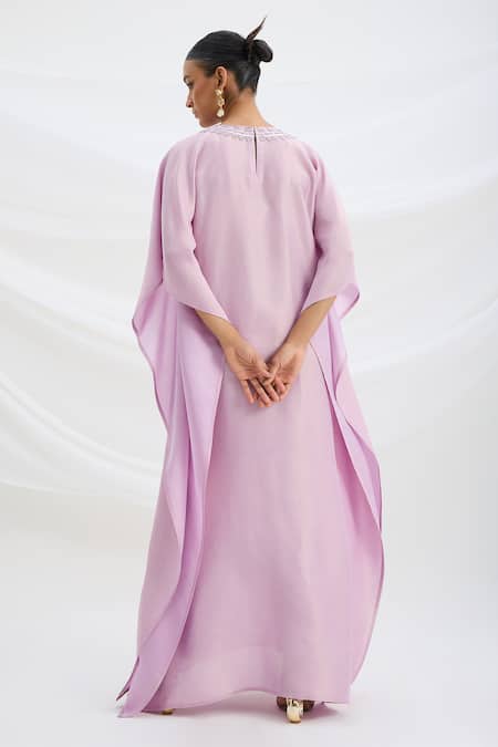 Shop Mirroir Lilac Satin Beads Round Neck Purple Kaftan And Pant Set at Aza Fashions Shop_Mirroir_Lilac Satin Beads Round Neck Purple Kaftan And Pant Set _at_Aza_Fashions