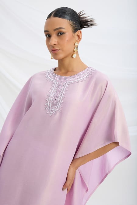 Shop Mirroir Lilac Satin Beads Round Neck Purple Kaftan And Pant Set Online at Aza Fashions Shop_Mirroir_Lilac Satin Beads Round Neck Purple Kaftan And Pant Set _Online_at_Aza_Fashions