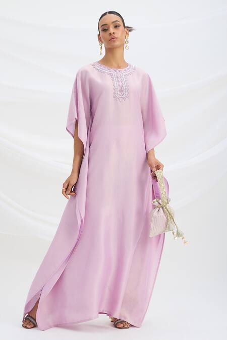 Mirroir Lilac Satin Beads Round Neck Purple Kaftan And Pant Set at Aza Fashions Mirroir_Lilac Satin Beads Round Neck Purple Kaftan And Pant Set _at_Aza_Fashions