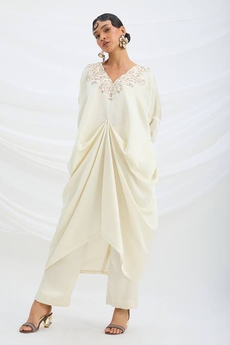 Buy Mirroir Beige Satin Embroidery V-neck Kaftan And Pant Set Online at Aza Fashions Buy_Mirroir_Beige Satin Embroidery V-neck Kaftan And Pant Set _Online_at_Aza_Fashions