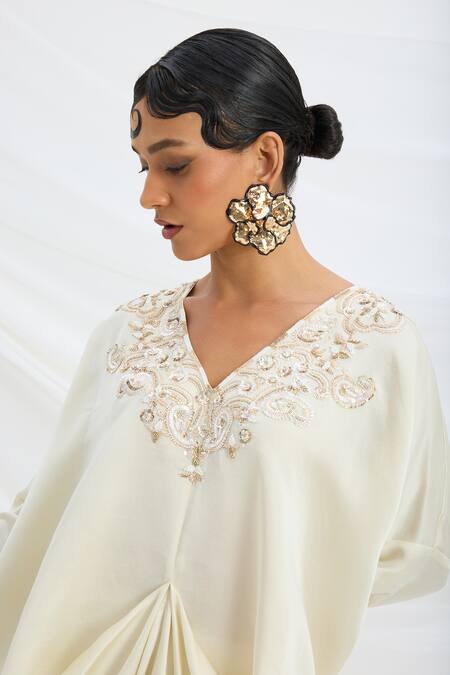 Shop Mirroir Beige Satin Embroidery V-neck Kaftan And Pant Set Online at Aza Fashions Shop_Mirroir_Beige Satin Embroidery V-neck Kaftan And Pant Set _Online_at_Aza_Fashions