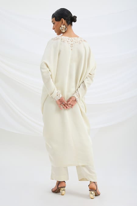 Mirroir Beige Embroidered Kaftan & Pant Set 