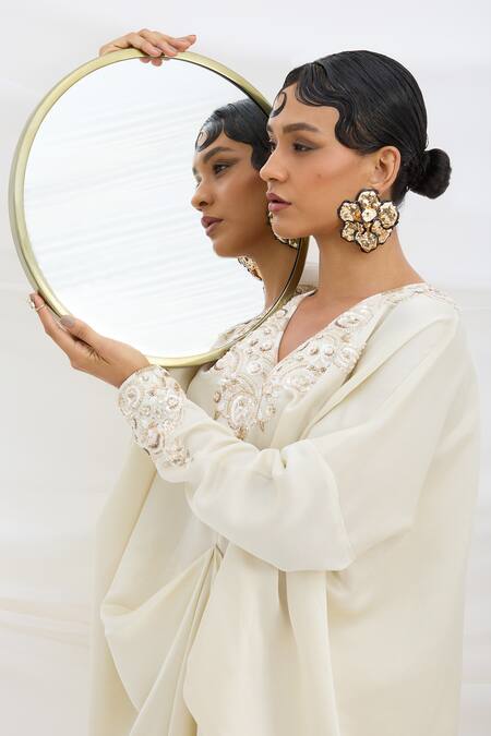 Mirroir Beige Satin Embroidery V-neck Kaftan And Pant Set at Aza Fashions Mirroir_Beige Satin Embroidery V-neck Kaftan And Pant Set _at_Aza_Fashions