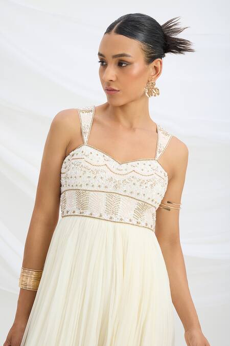 Mirroir_Ivory Chiffon, Viscose Beads, Embroidery Sweetheart Neck Designer Jumpsuit _Online_at_Aza_Fashions