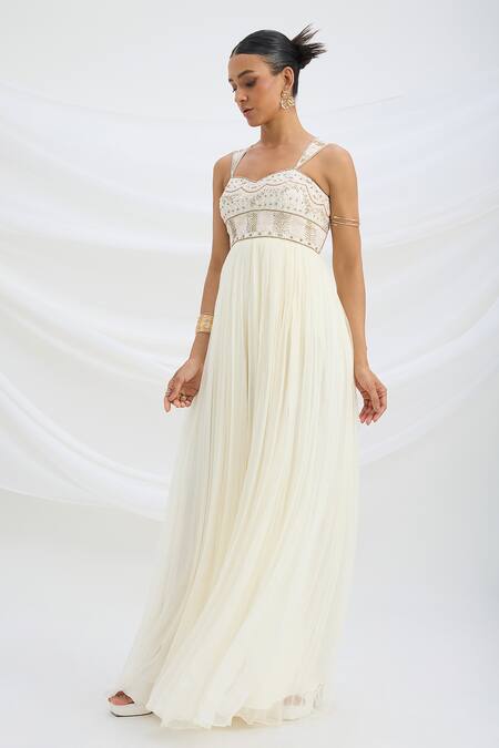 Buy_Mirroir_Ivory Chiffon, Viscose Beads, Embroidery Sweetheart Neck Designer Jumpsuit _Online_at_Aza_Fashions