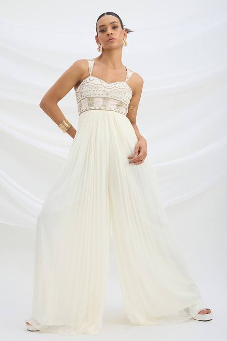 Shop_Mirroir_Ivory Chiffon, Viscose Beads, Embroidery Sweetheart Neck Designer Jumpsuit _Online_at_Aza_Fashions