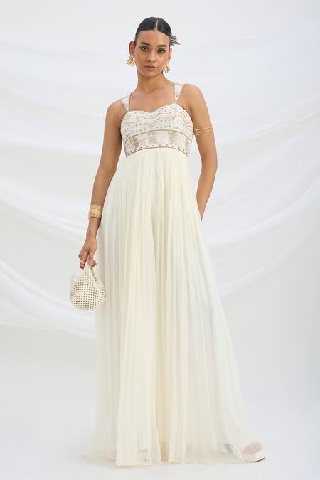 Mirroir_Ivory Chiffon, Viscose Beads, Embroidery Sweetheart Neck Designer Jumpsuit _at_Aza_Fashions