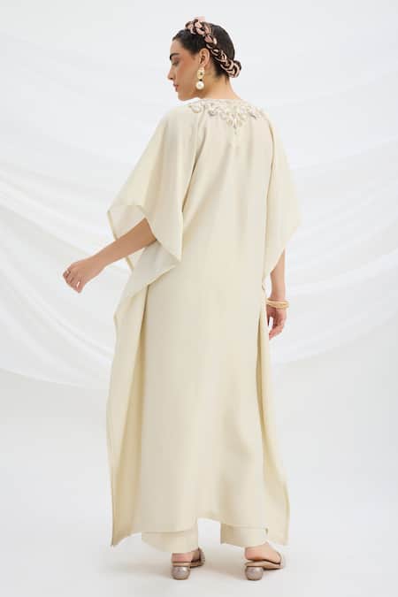 Mirroir Beige Embroidered Kaftan & Pant Set 