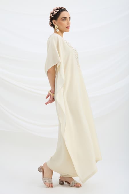 Mirroir Beige Satin Embroidery V-neck Kaftan And Pant Set Online at Aza Fashions Mirroir_Beige Satin Embroidery V-neck Kaftan And Pant Set _Online_at_Aza_Fashions