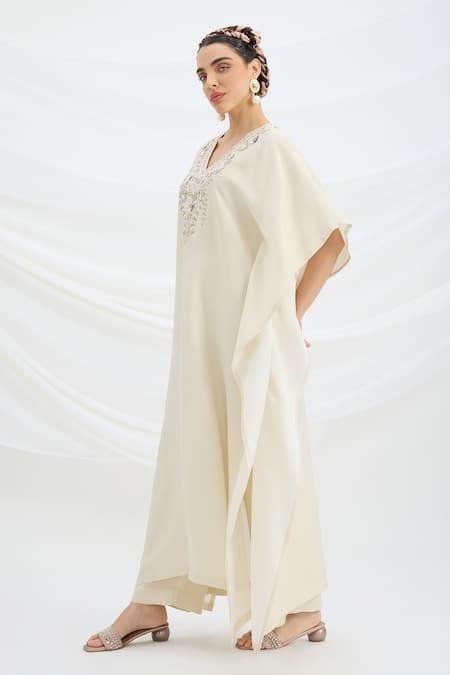 Buy Mirroir Beige Satin Embroidery V-neck Kaftan And Pant Set Online at Aza Fashions Buy_Mirroir_Beige Satin Embroidery V-neck Kaftan And Pant Set _Online_at_Aza_Fashions