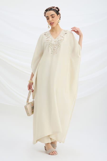 Mirroir Beige Embroidered Kaftan And Pant Set 
