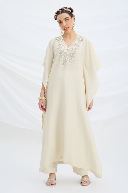 Shop Mirroir Beige Satin Embroidery V-neck Kaftan And Pant Set Online at Aza Fashions Shop_Mirroir_Beige Satin Embroidery V-neck Kaftan And Pant Set _Online_at_Aza_Fashions