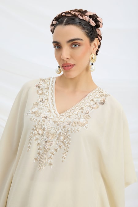 Mirroir Beige Satin Embroidery V-neck Kaftan And Pant Set at Aza Fashions Mirroir_Beige Satin Embroidery V-neck Kaftan And Pant Set _at_Aza_Fashions