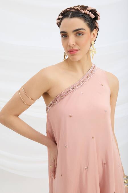 Mirroir Peach Viscose, Crepe Embroidery One Shoulder Pink Draped Maxi Dress Online at Aza Fashions Mirroir_Peach Viscose, Crepe Embroidery One Shoulder Pink Draped Maxi Dress _Online_at_Aza_Fashions