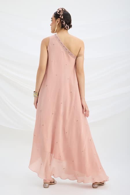Shop Mirroir Peach Viscose, Crepe Embroidery One Shoulder Pink Draped Maxi Dress at Aza Fashions Shop_Mirroir_Peach Viscose, Crepe Embroidery One Shoulder Pink Draped Maxi Dress _at_Aza_Fashions