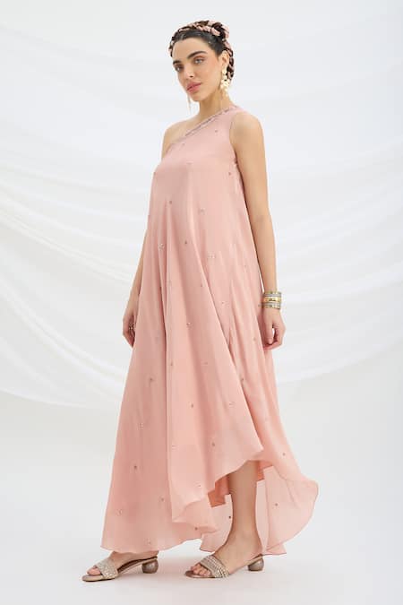 Buy Mirroir Peach Viscose, Crepe Embroidery One Shoulder Pink Draped Maxi Dress Online at Aza Fashions Buy_Mirroir_Peach Viscose, Crepe Embroidery One Shoulder Pink Draped Maxi Dress _Online_at_Aza_Fashions