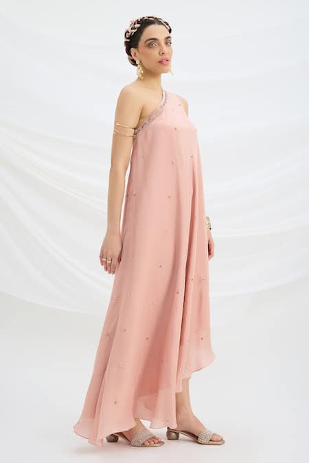 Shop Mirroir Peach Viscose, Crepe Embroidery One Shoulder Pink Draped Maxi Dress Online at Aza Fashions Shop_Mirroir_Peach Viscose, Crepe Embroidery One Shoulder Pink Draped Maxi Dress _Online_at_Aza_Fashions