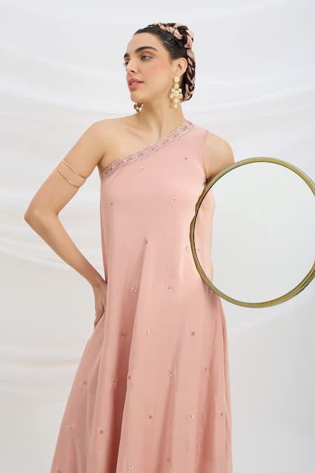 Mirroir Peach Viscose, Crepe Embroidery One Shoulder Pink Draped Maxi Dress at Aza Fashions Mirroir_Peach Viscose, Crepe Embroidery One Shoulder Pink Draped Maxi Dress _at_Aza_Fashions