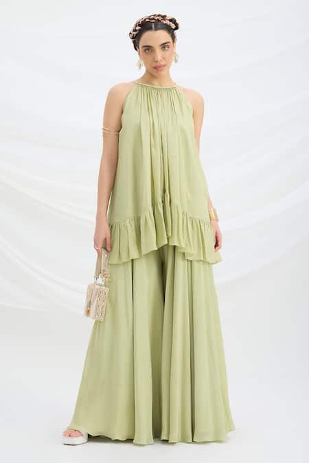 Mirroir Green Chiffon, Linen Halter Neck Pista Kurta And Sharara Set 