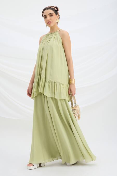 Mirroir_Green Chiffon, Linen Halter Neck Pista Kurta And Sharara Set _Online_at_Aza_Fashions